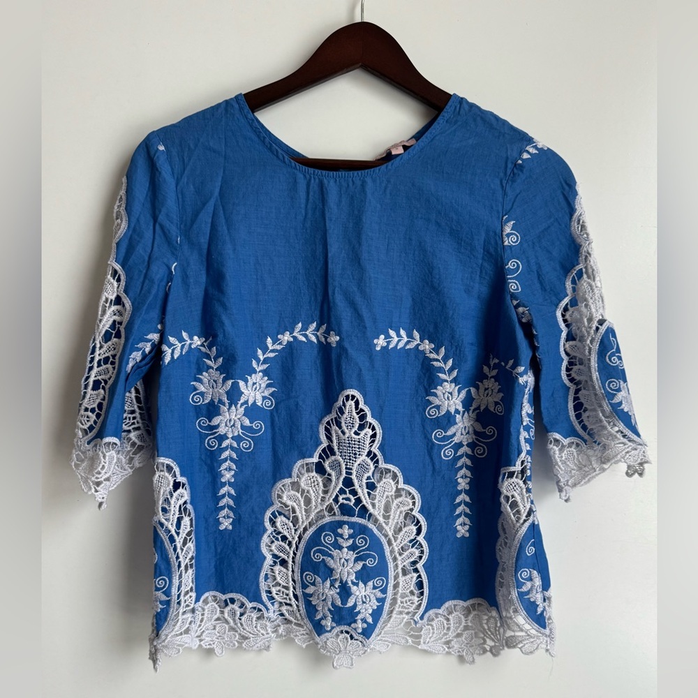 Saint Tropez Blue White Open Knit Lace Crochet Women‎ Small Top Blouse Button
